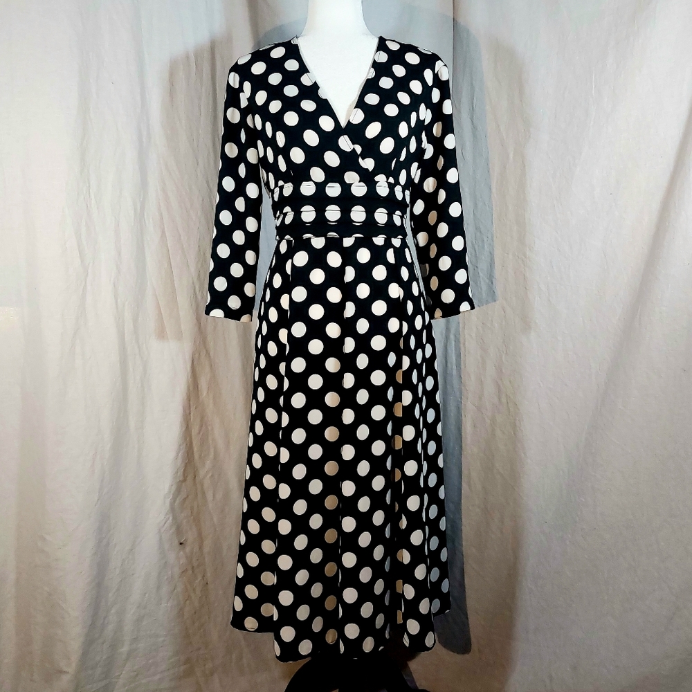 Imperial b/w polka-dot long-sleeved surplice dress, M, NWOT
